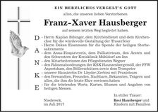 Traueranzeige Franz-Xaver Hausberger