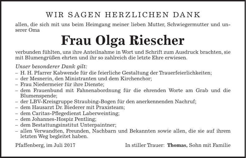 Traueranzeige Olga Riescher
