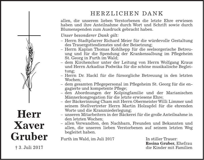 Traueranzeige Xaver Gruber
