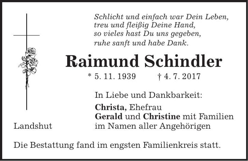 Traueranzeige Raimund Schindler