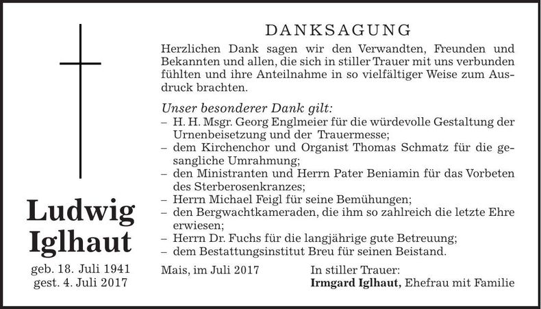 Traueranzeige Ludwig Iglhaut