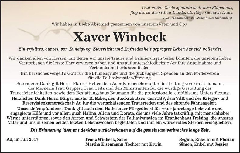 Traueranzeige Xaver Winbeck