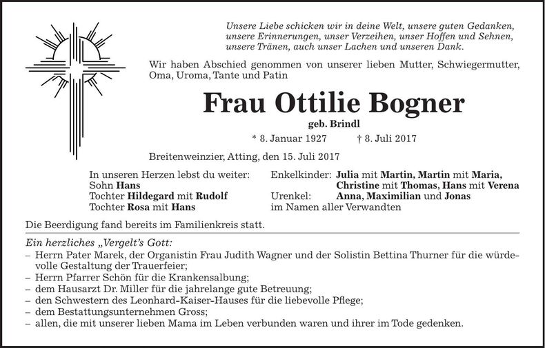Traueranzeige Ottilie Bogner