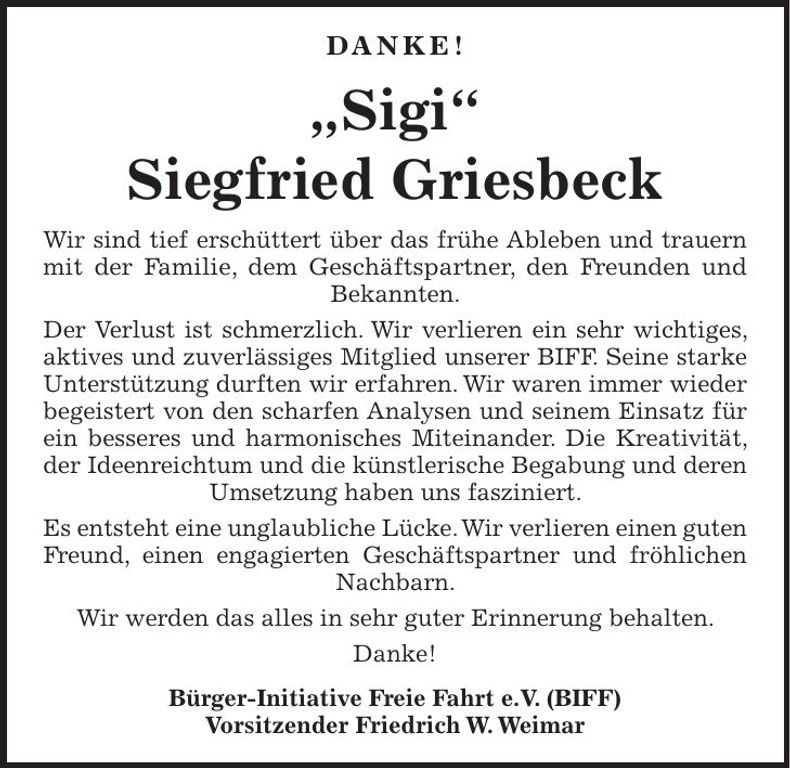 Traueranzeige Siegfried Griesbeck