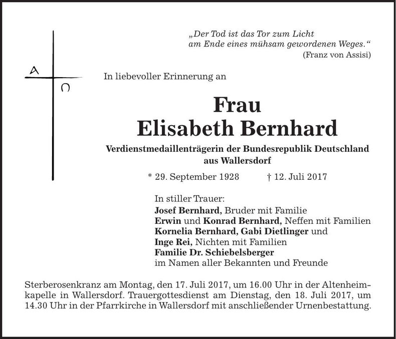 Traueranzeige Elisabeth Bernhard