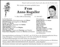 Traueranzeige Anna Ragaller