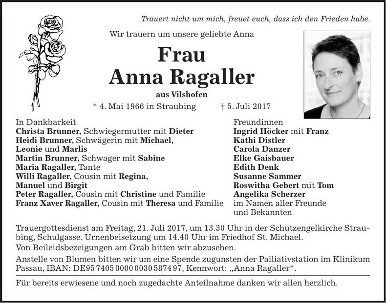 Traueranzeige Anna Ragaller