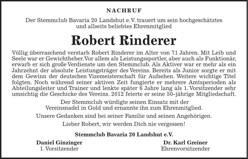 Traueranzeige Robert Rinderer