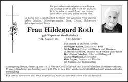 Traueranzeige Hildegard Roth
