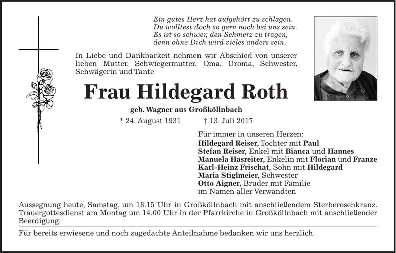 Traueranzeige Hildegard Roth