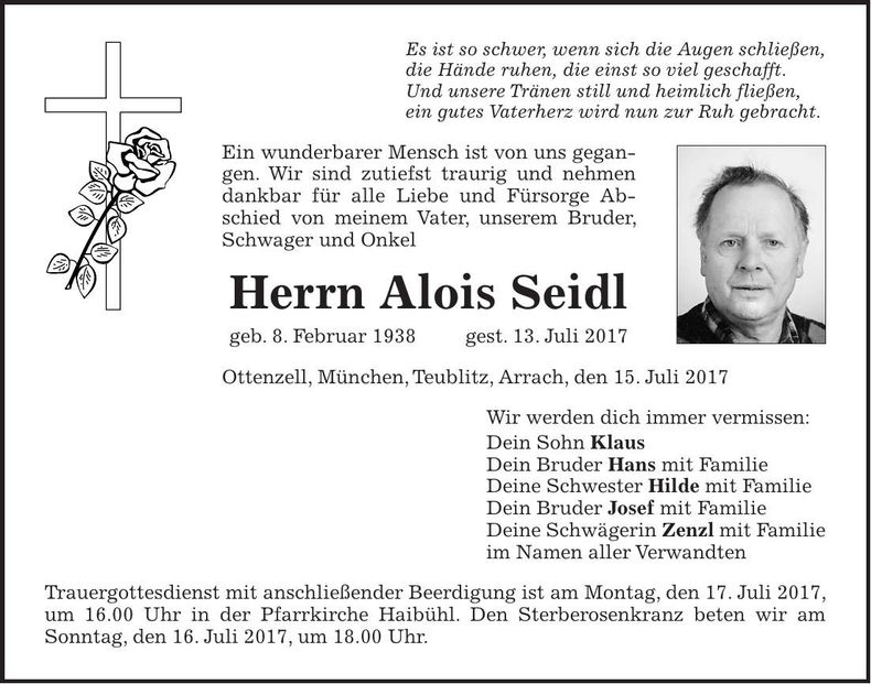 Traueranzeige Alois Seidl