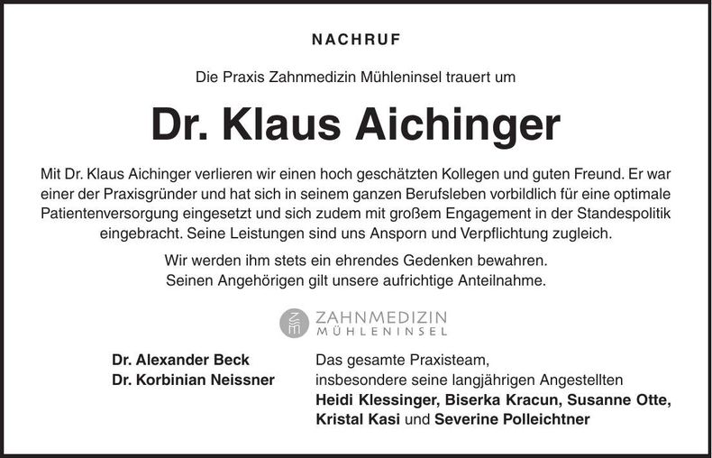 Traueranzeige Klaus Aichinger