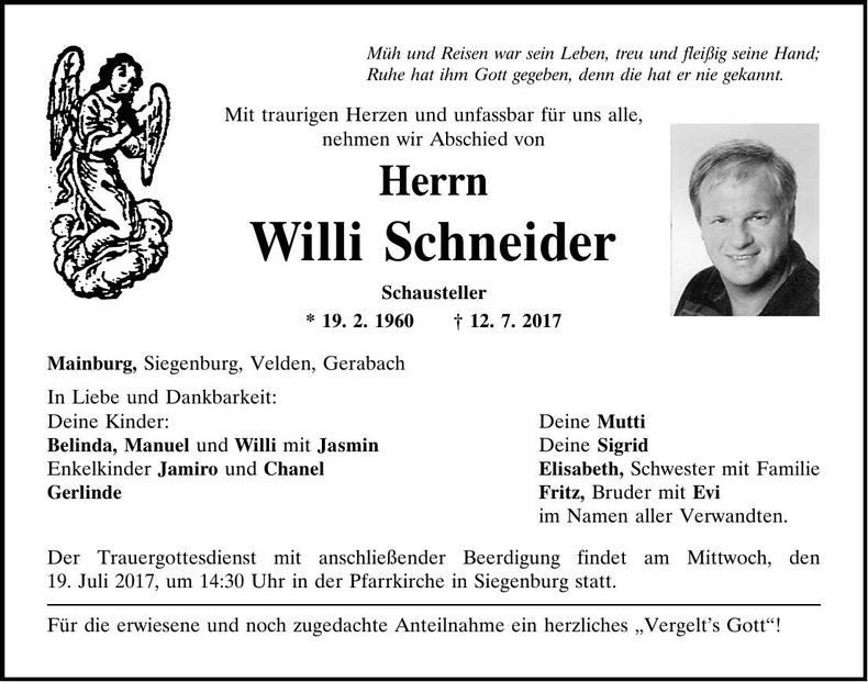 Traueranzeige Willi Schneider