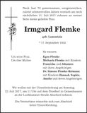 Traueranzeige Irmgard Flemke