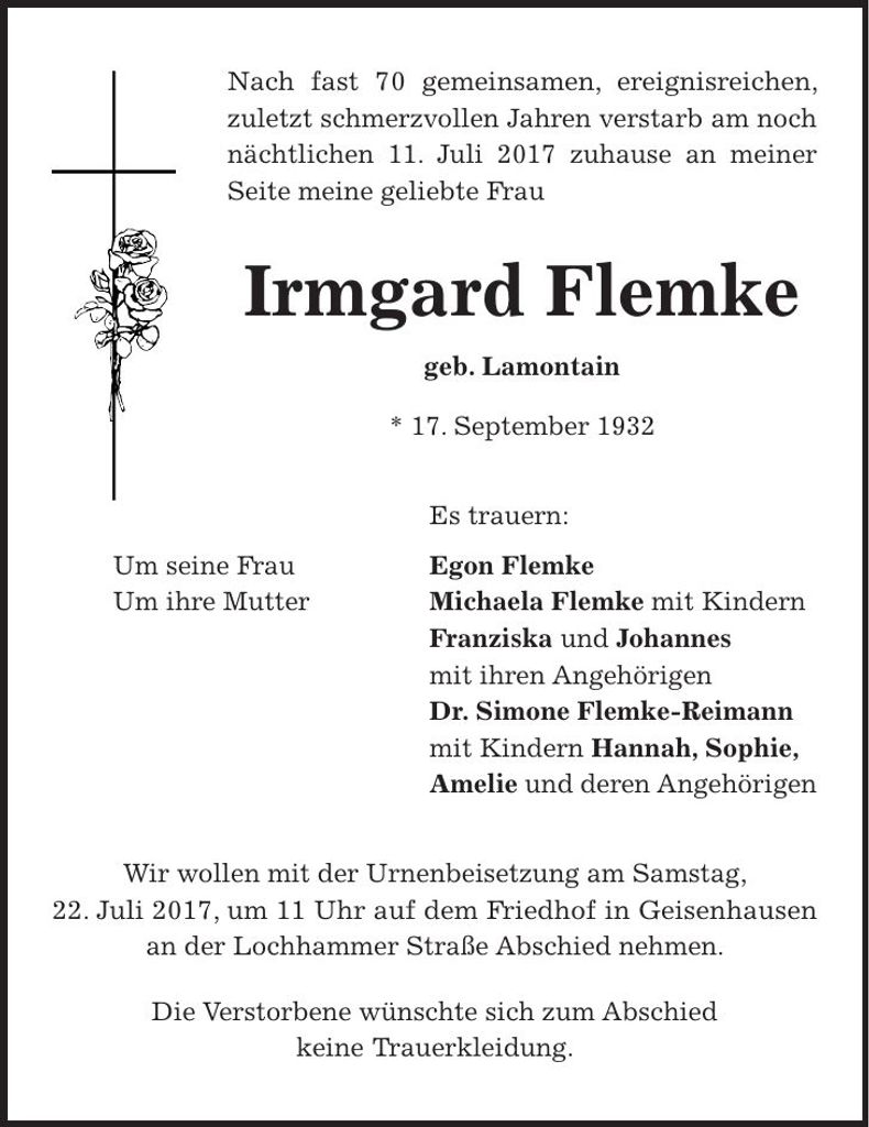 Traueranzeige Irmgard Flemke