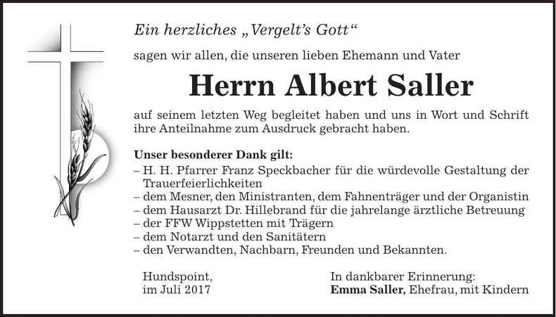 Traueranzeige Albert Saller