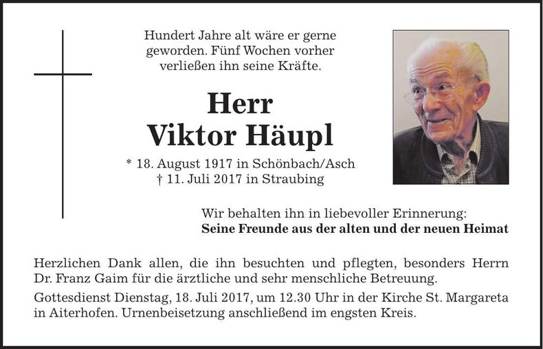 Traueranzeige Viktor Häupl