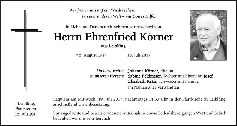 Traueranzeige Ehrenfried Körner