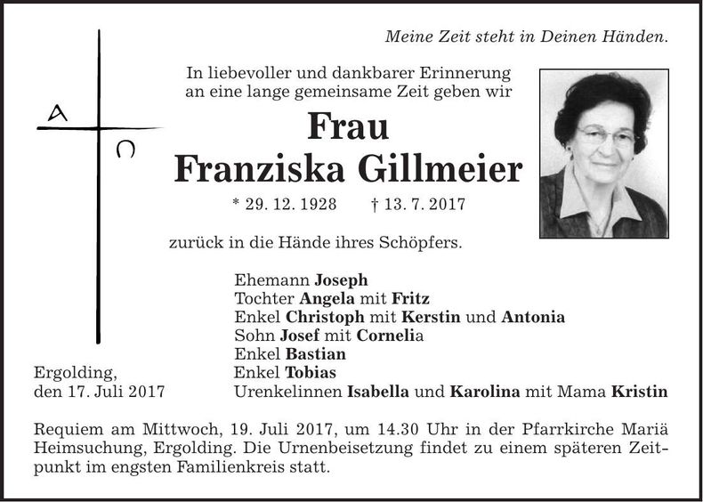 Traueranzeige Franziska Gillmeier