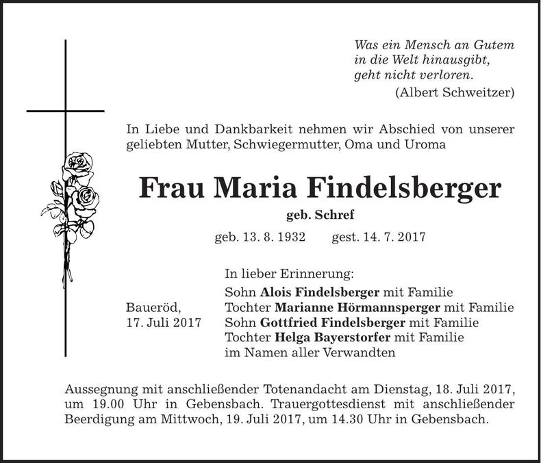 Traueranzeige Maria Findelsberger