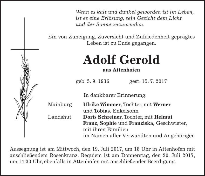 Traueranzeige Adolf Gerold