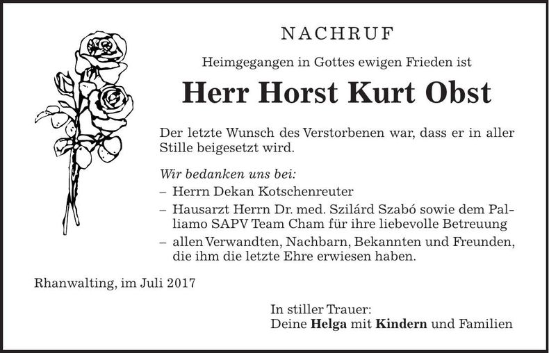 Traueranzeige Horst Kurt Obst