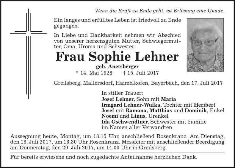 Traueranzeige Sophie Lehner