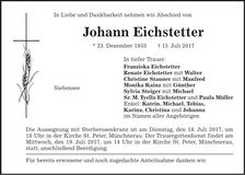 Traueranzeige Johann Eichstetter