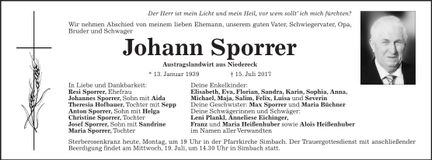 Traueranzeige Johann Sporrer