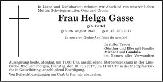 Traueranzeige Helga Gasse