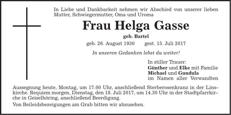 Traueranzeige Helga Gasse