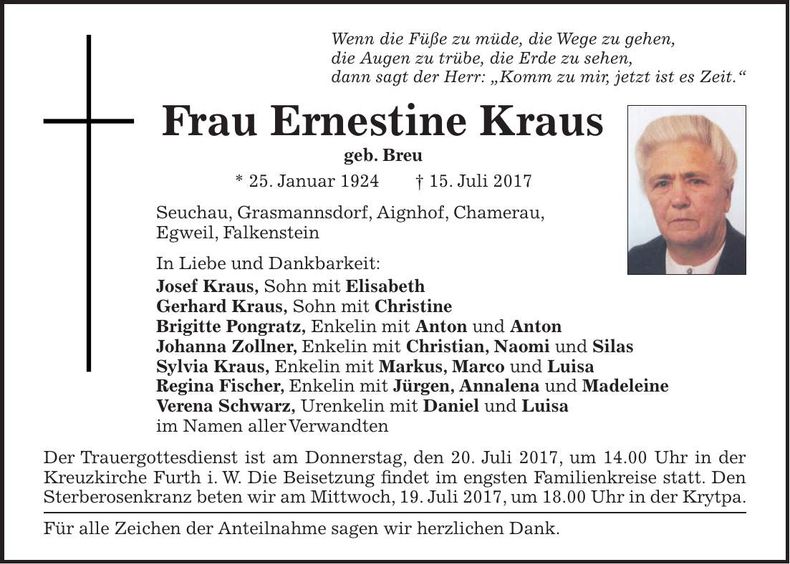 Traueranzeige Ernestine Kraus