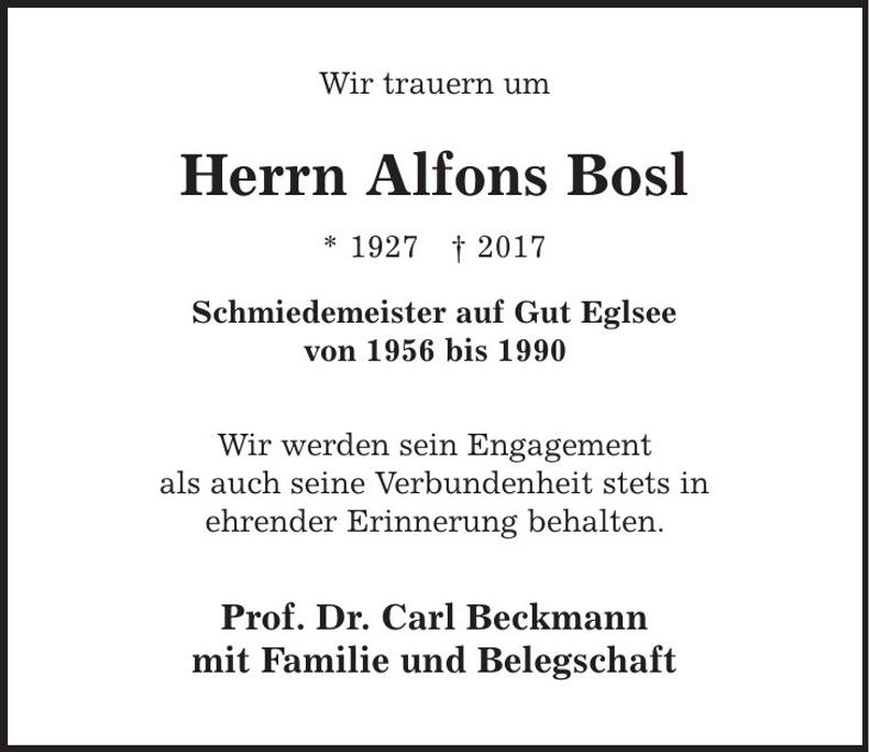 Traueranzeige Alfons Bosl