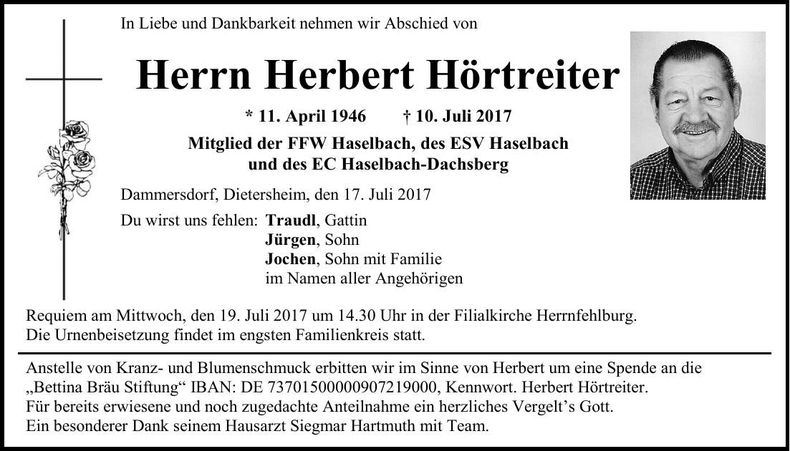 Traueranzeige Herbert Hörtreiter