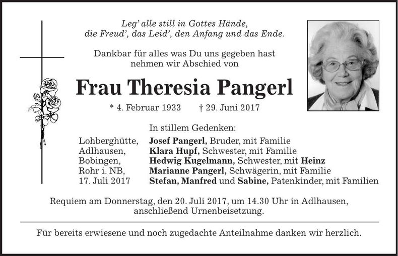 Traueranzeige Theresia Pangerl