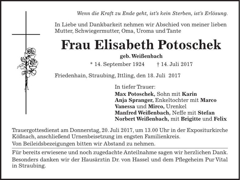 Traueranzeige Elisabeth Potoschek