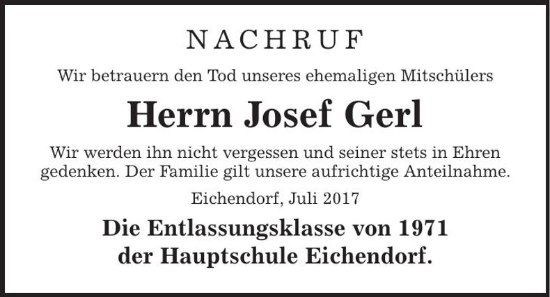 Traueranzeige Josef Gerl