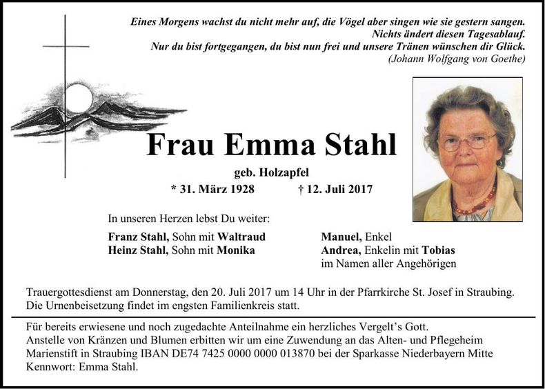 Traueranzeige Emma Stahl