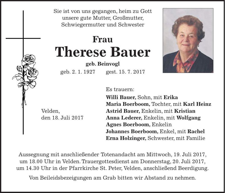 Traueranzeige Therese Bauer