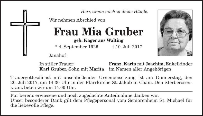 Traueranzeige Mia Gruber