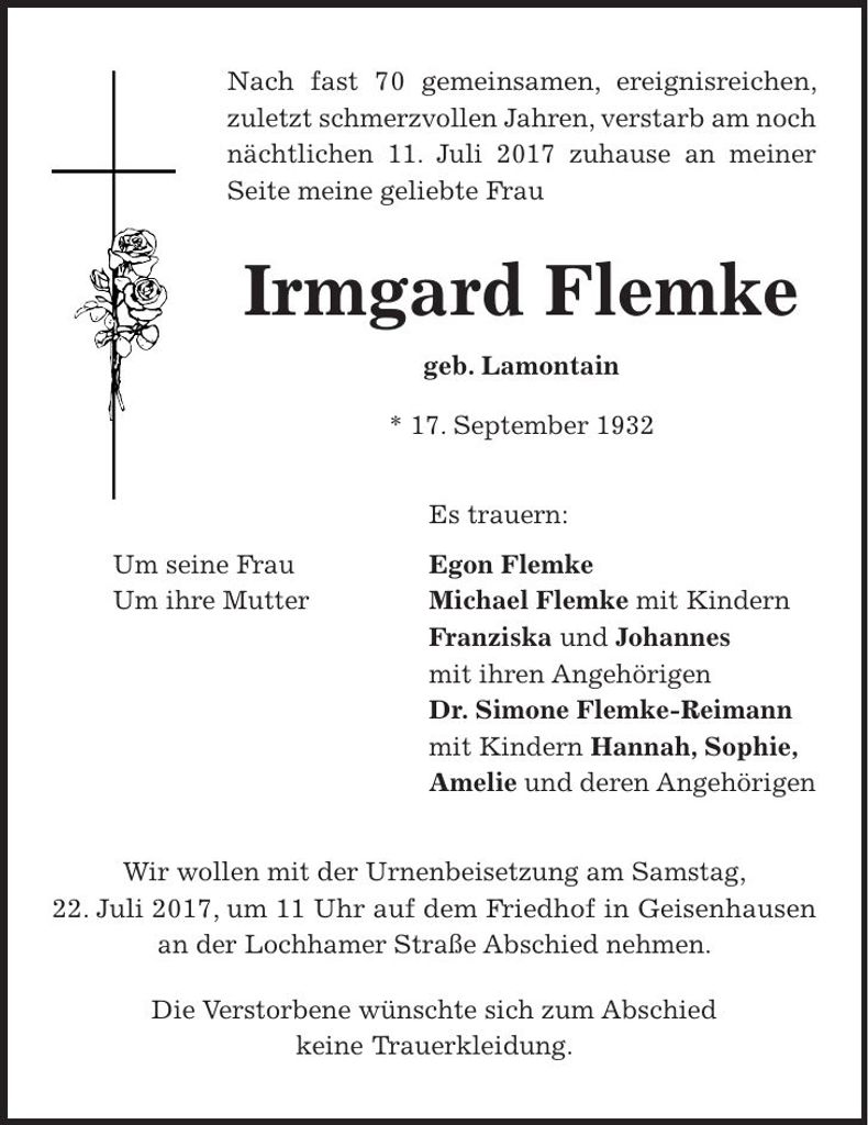 Traueranzeige Irmgard Flemke
