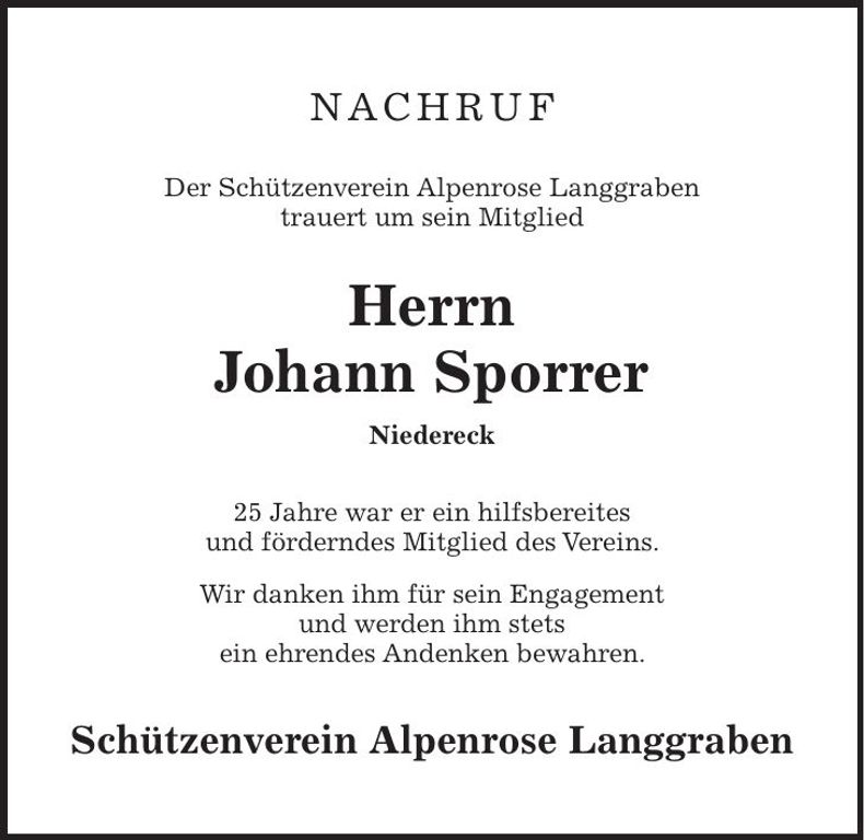 Traueranzeige Johann Sporrer