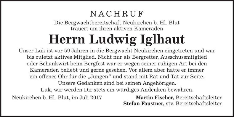 Traueranzeige Ludwig Iglhaut