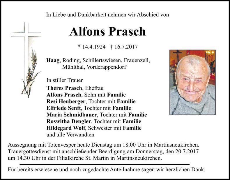 Traueranzeige Alfons Prasch