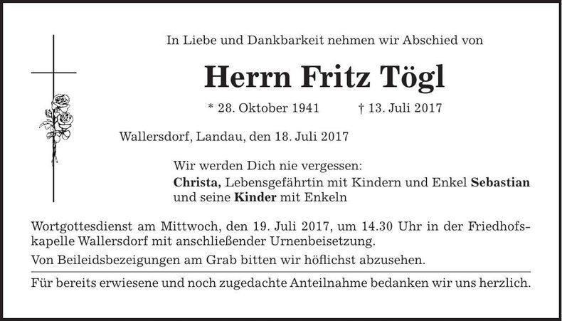 Traueranzeige Fritz Tögl