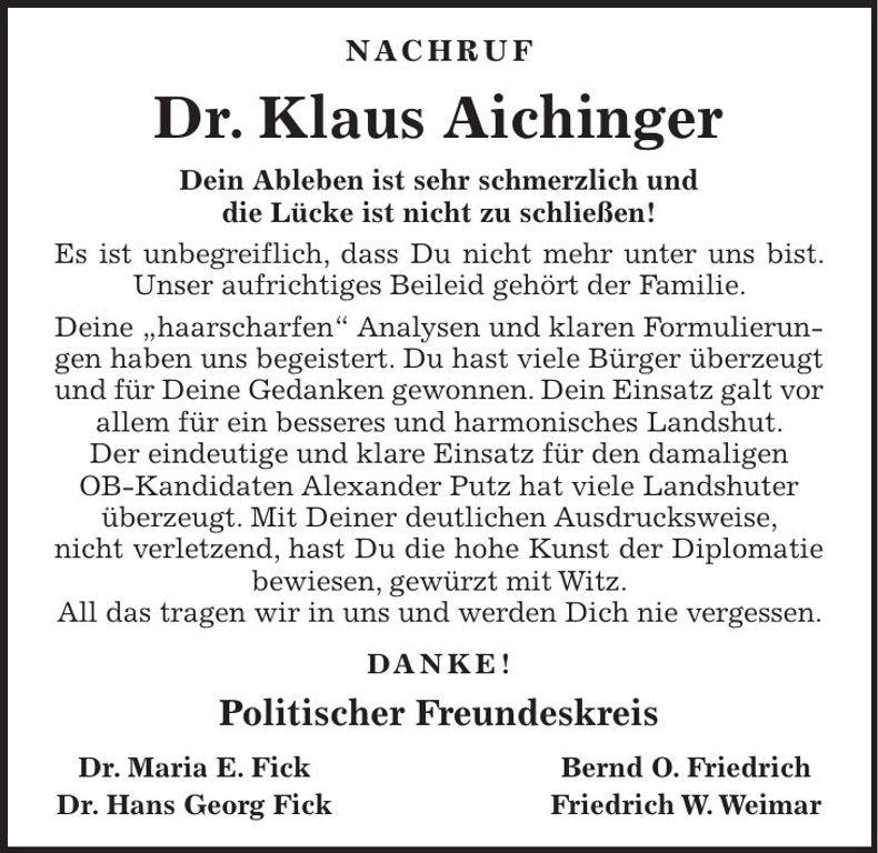 Traueranzeige Klaus Aichinger