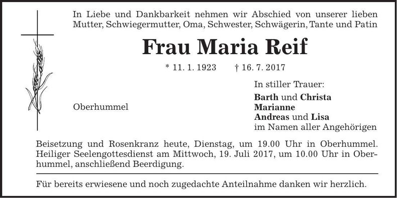 Traueranzeige Maria Reif