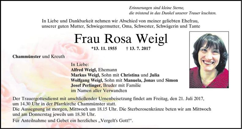 Traueranzeige Rosa Weigl