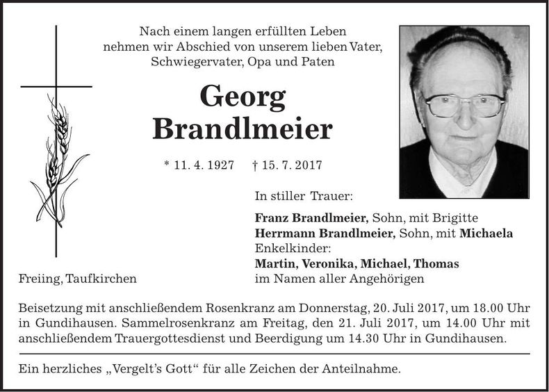 Traueranzeige Georg Brandlmeier