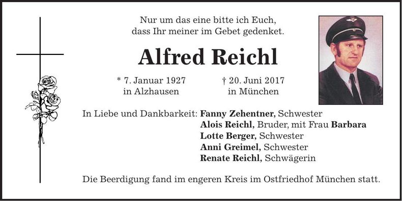 Traueranzeige Alfred Reichl